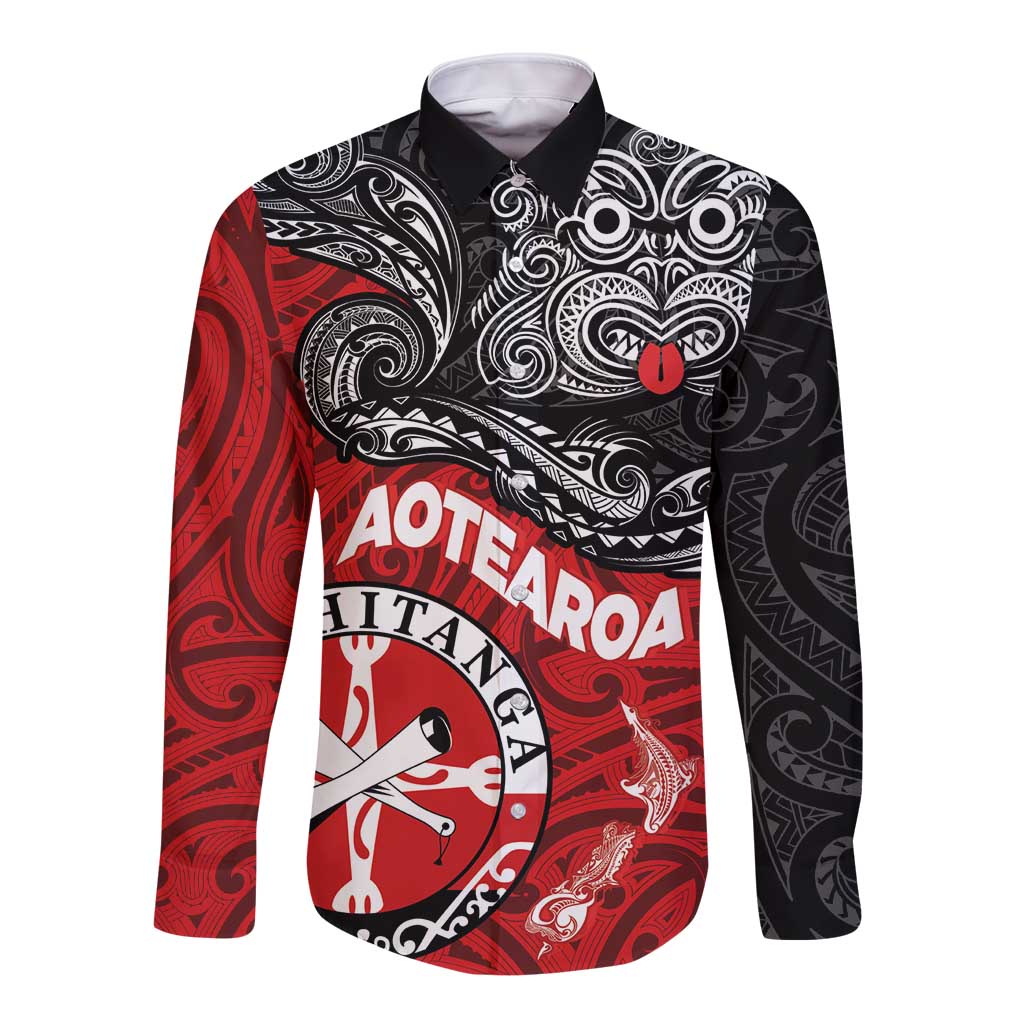 Maori Kotahitanga Long Sleeve Button Shirt Aotearoa Spirit with Maori Mask and Polynesian Art Tattoo