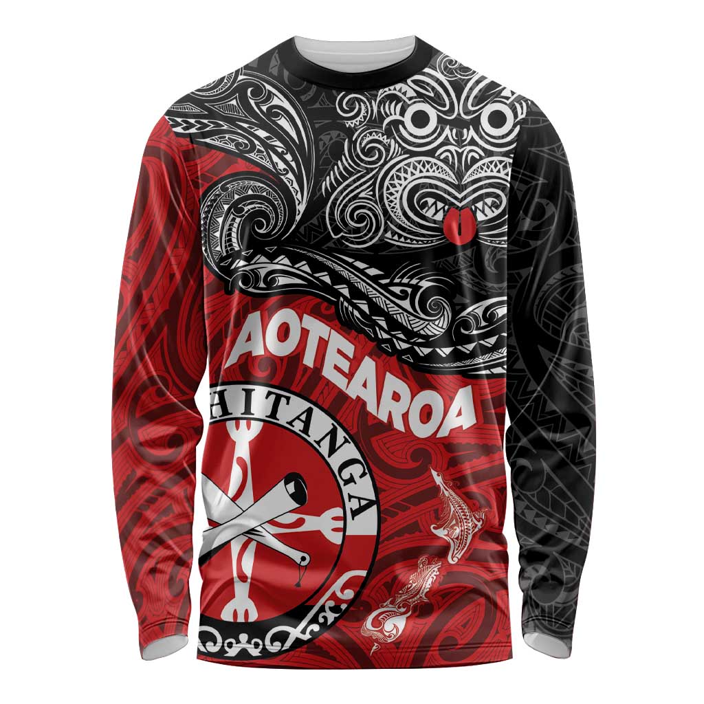 Maori Kotahitanga Long Sleeve Shirt Aotearoa Spirit with Maori Mask and Polynesian Art Tattoo