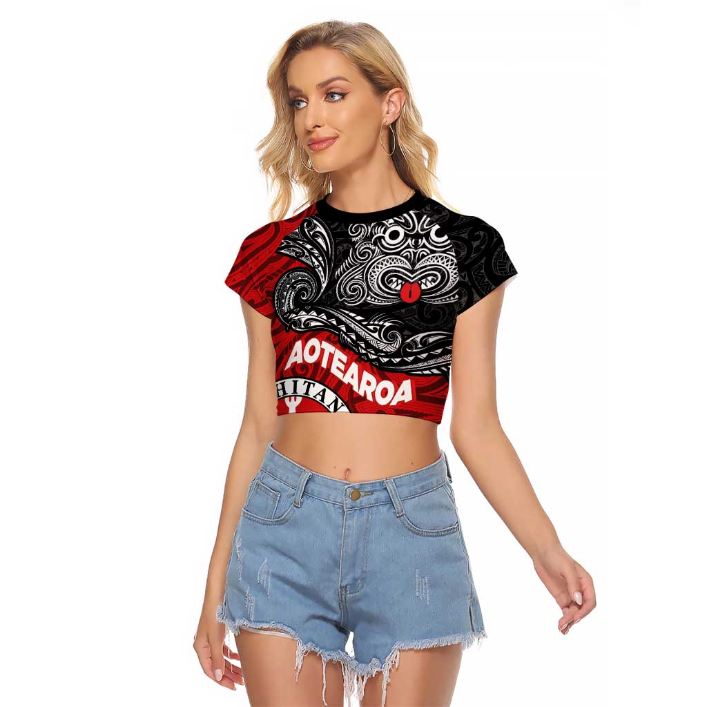 Maori Kotahitanga Raglan Cropped T Shirt Aotearoa Spirit with Maori Mask and Polynesian Art Tattoo LT03 Female Red - Polynesian Pride
