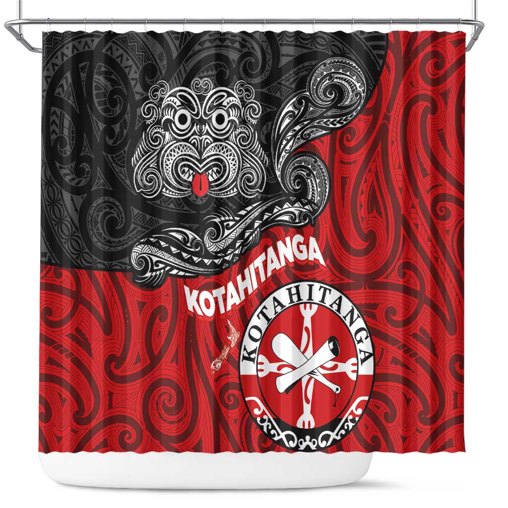 Maori Kotahitanga Shower Curtain Aotearoa Spirit with Maori Mask and Polynesian Art Tattoo