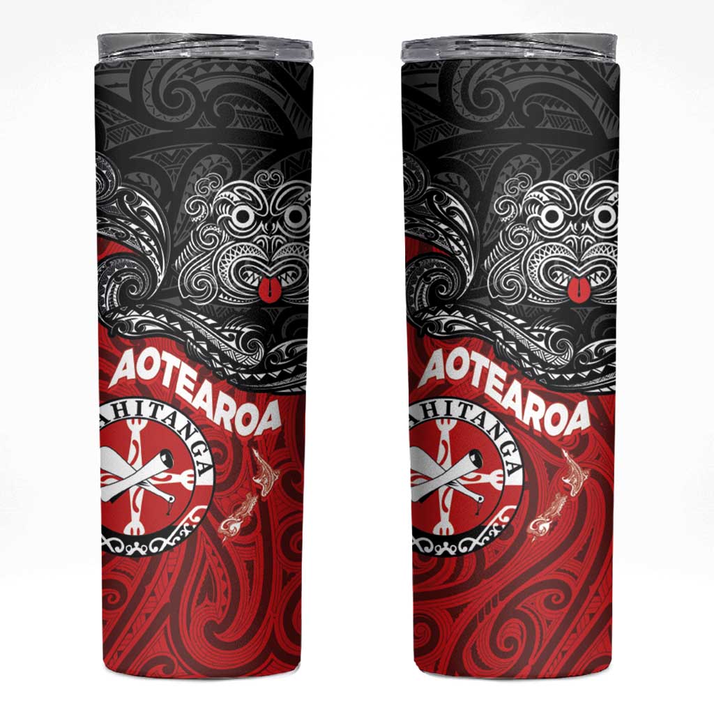 Maori Kotahitanga Skinny Tumbler Aotearoa Spirit with Maori Mask and Polynesian Art Tattoo LT03