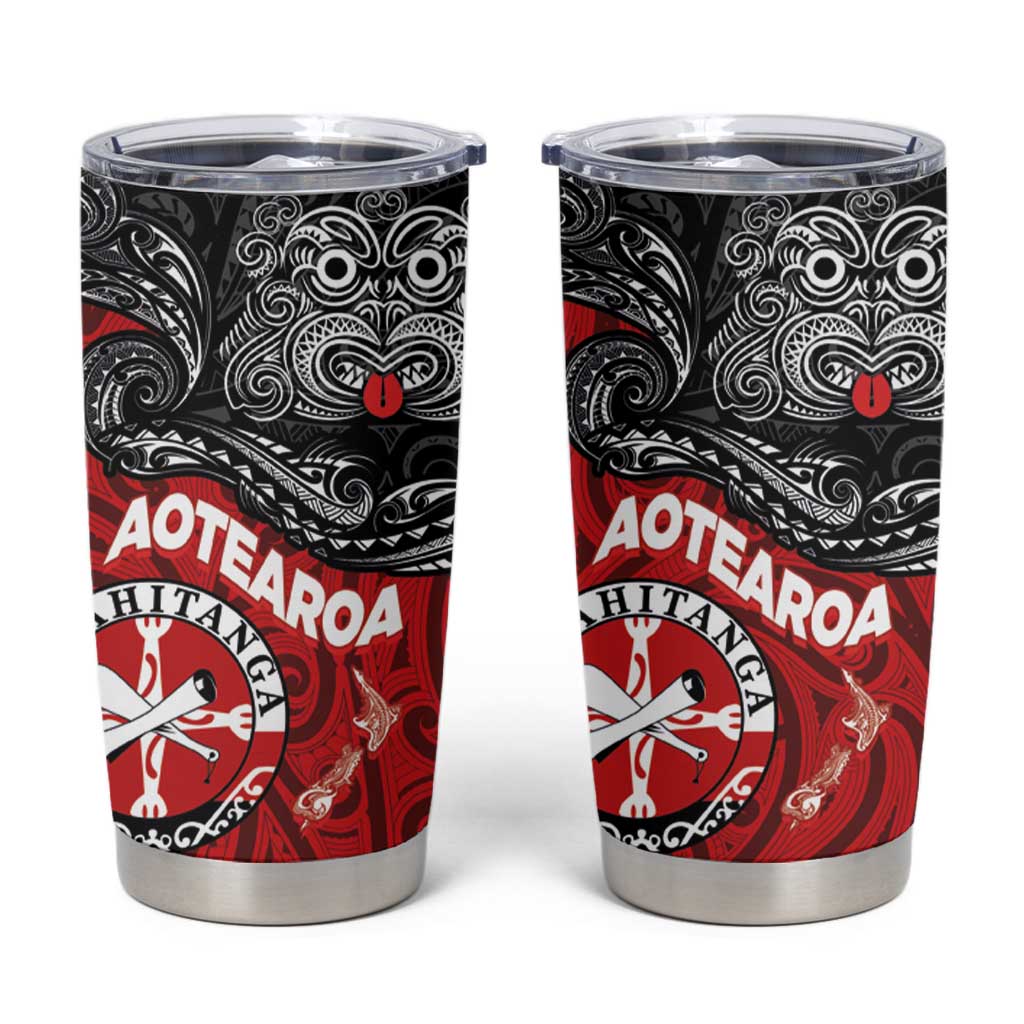 Maori Kotahitanga Tumbler Cup Aotearoa Spirit with Maori Mask and Polynesian Art Tattoo LT03 Red - Polynesian Pride