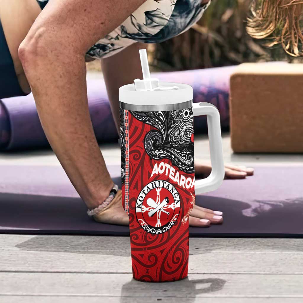 Maori Kotahitanga Tumbler With Handle Aotearoa Spirit with Maori Mask and Polynesian Art Tattoo LT03