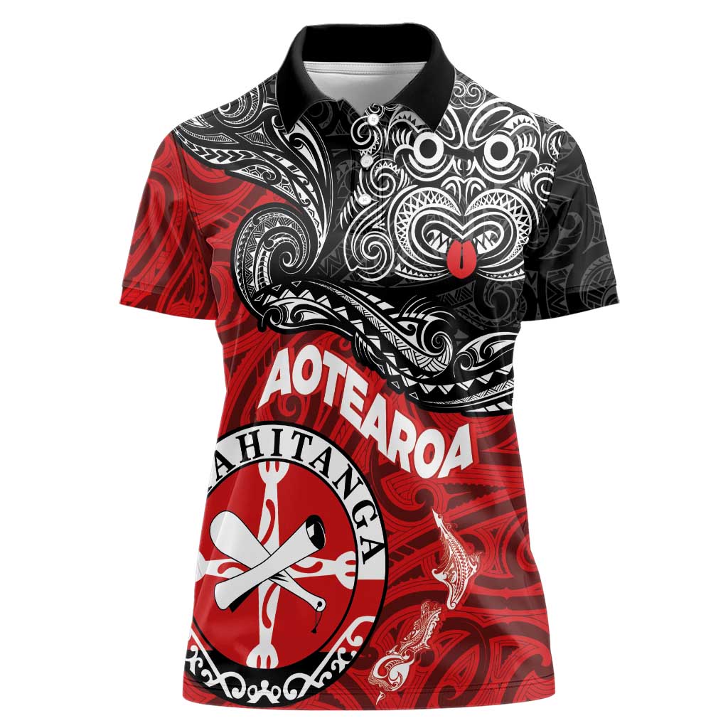Maori Kotahitanga Women Polo Shirt Aotearoa Spirit with Maori Mask and Polynesian Art Tattoo