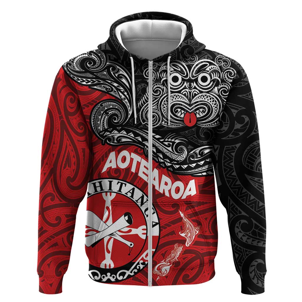 Maori Kotahitanga Zip Hoodie Aotearoa Spirit with Maori Mask and Polynesian Art Tattoo