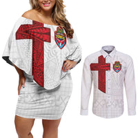 Custom Tonga Ngatu Art Rugby Mate Ma'a Couples Matching Off Shoulder Short Dress and Long Sleeve Button Shirt - Polynesian Pride