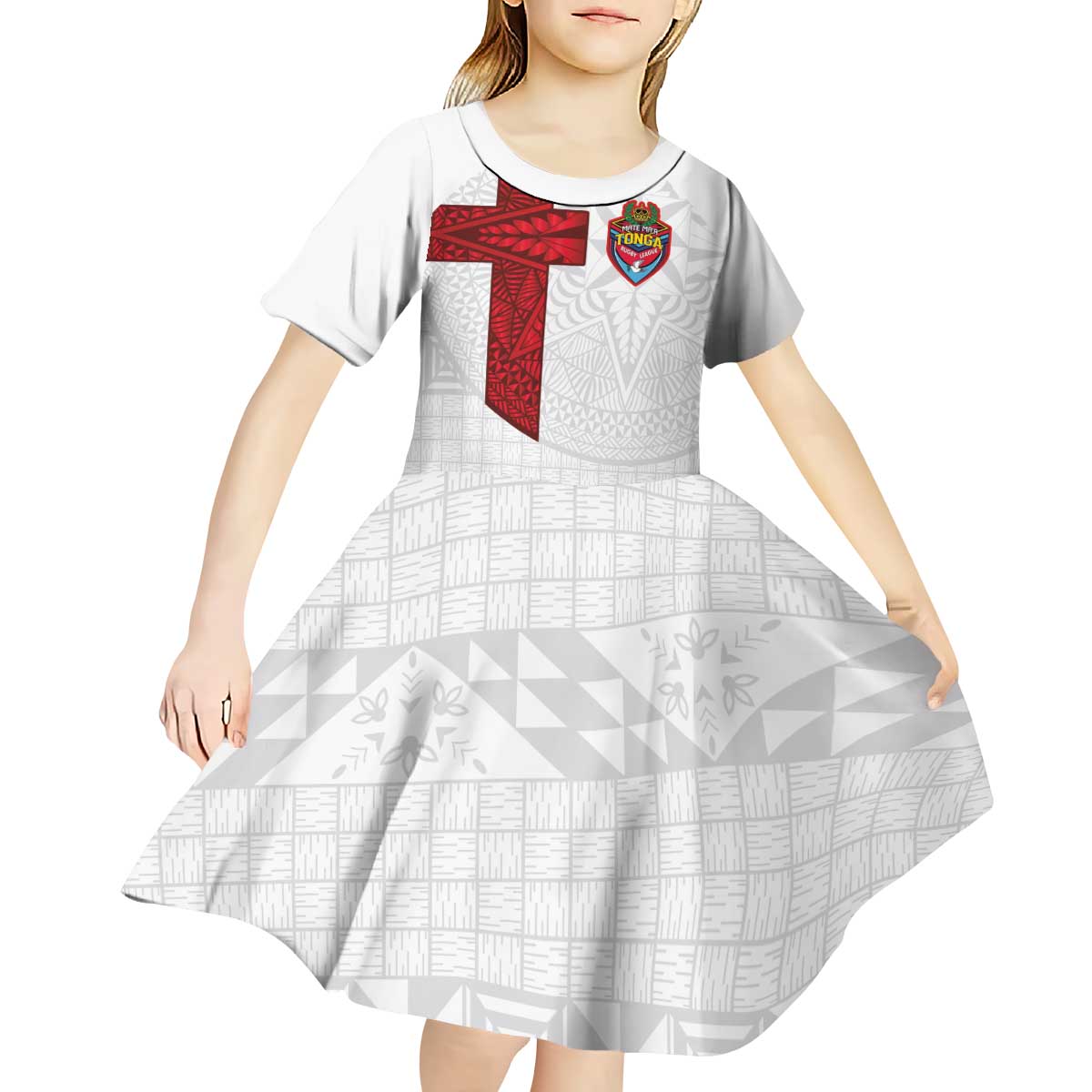 Custom Tonga Ngatu Art Rugby Mate Ma'a Kid Short Sleeve Dress - Polynesian Pride