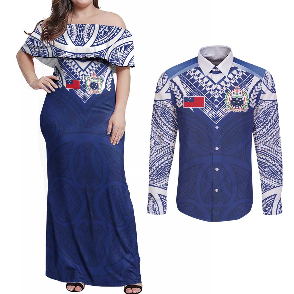 Custom Samoa Rugby Couples Matching Off Shoulder Maxi Dress and Long Sleeve Button Shirt Pacific Motifs - Polynesian Pride
