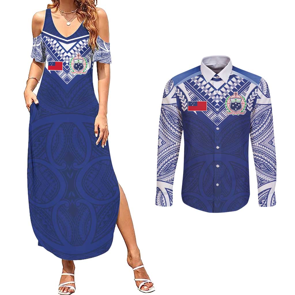 Custom Samoa Rugby Couples Matching Summer Maxi Dress and Long Sleeve Button Shirt Pacific Motifs - Polynesian Pride