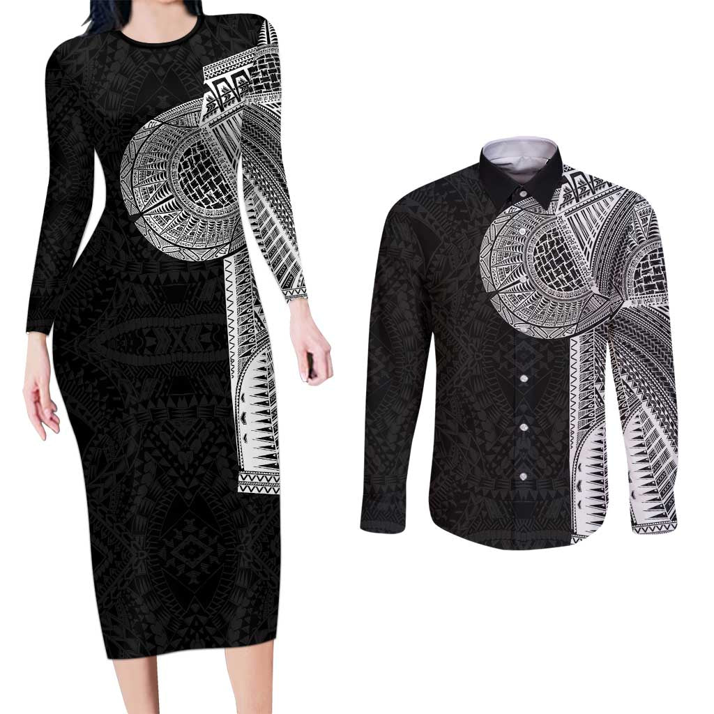 Samoan Tatau Couples Matching Long Sleeve Bodycon Dress and Long Sleeve Button Shirt Art Tribal Traditional Tattoos LT03 Black - Polynesian Pride