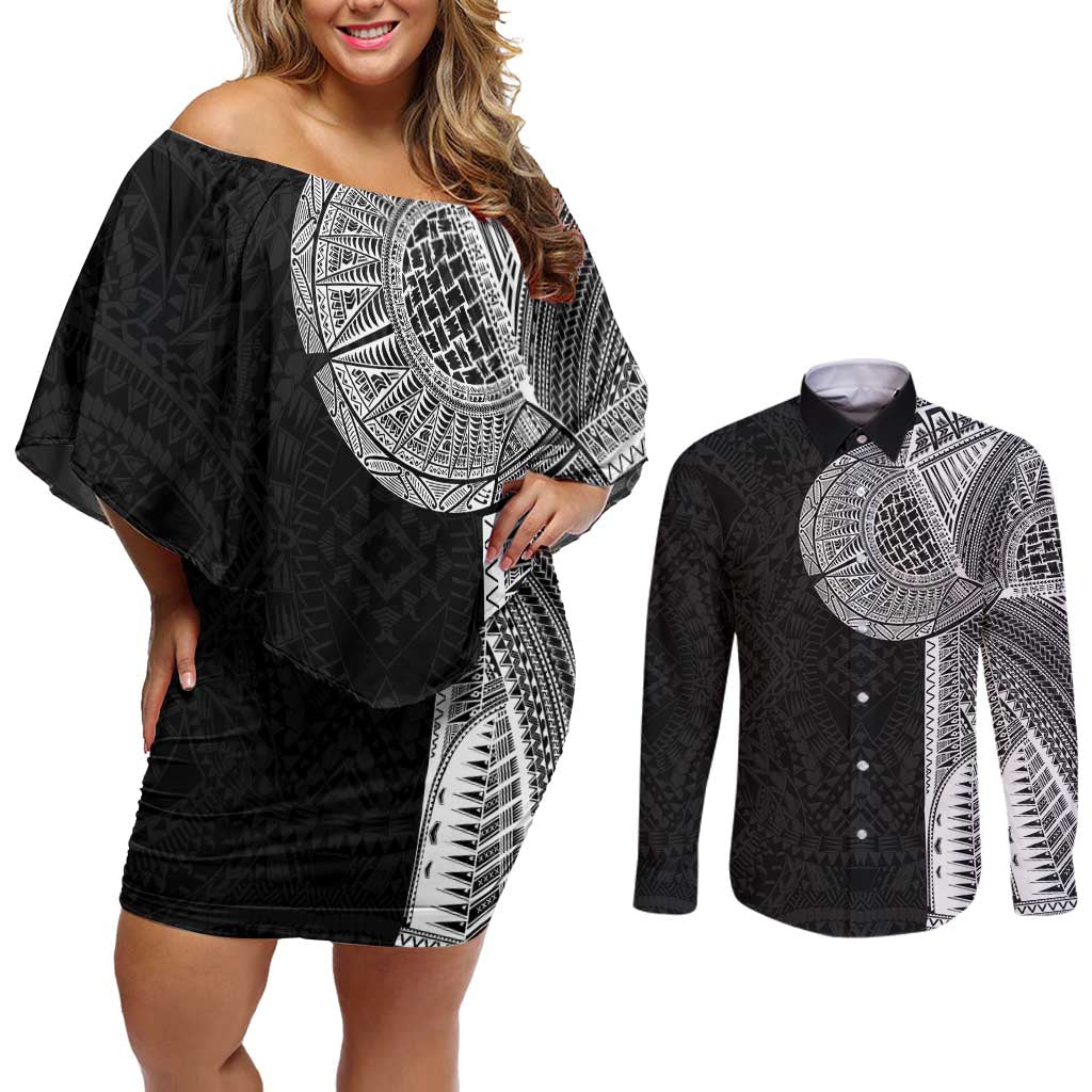 Samoan Tatau Couples Matching Off Shoulder Short Dress and Long Sleeve Button Shirt Art Tribal Traditional Tattoos LT03 Black - Polynesian Pride