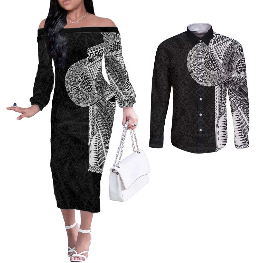 Samoan Tatau Couples Matching Off The Shoulder Long Sleeve Dress and Long Sleeve Button Shirt Art Tribal Traditional Tattoos LT03 Black - Polynesian Pride