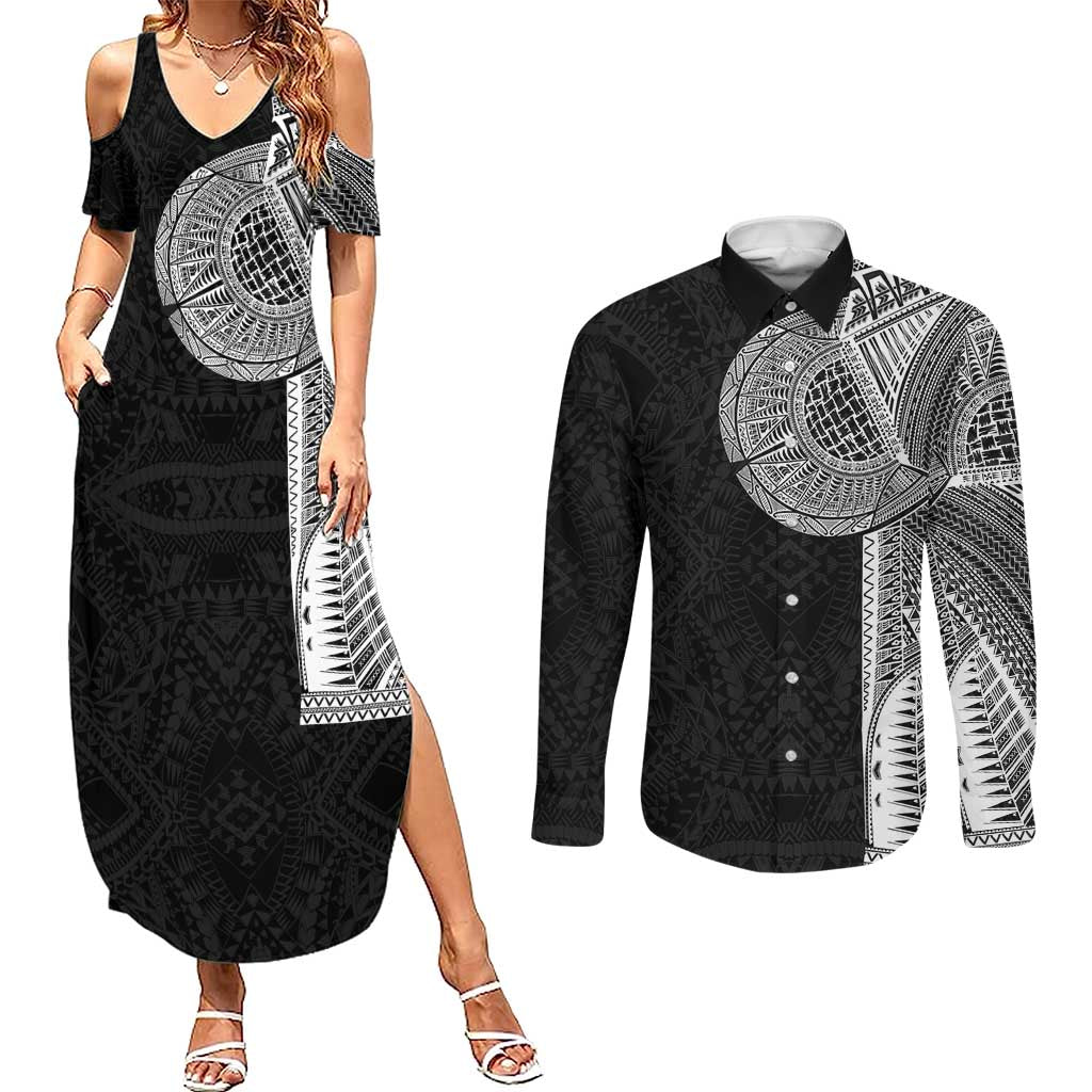 Samoan Tatau Couples Matching Summer Maxi Dress and Long Sleeve Button Shirt Art Tribal Traditional Tattoos LT03 Black - Polynesian Pride