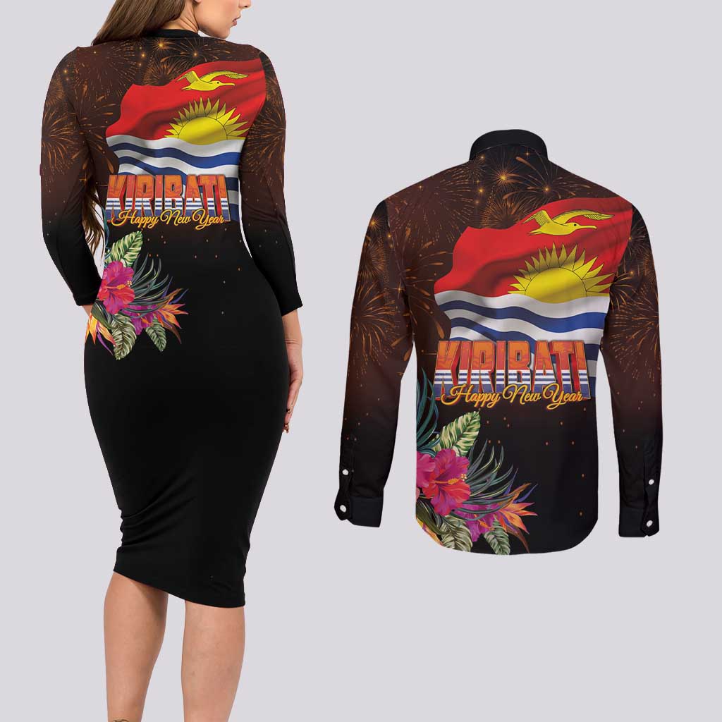 Kiribati Flag and Fireworks Couples Matching Long Sleeve Bodycon Dress and Long Sleeve Button Shirt First Place Welcome the New Year - Polynesian Pride