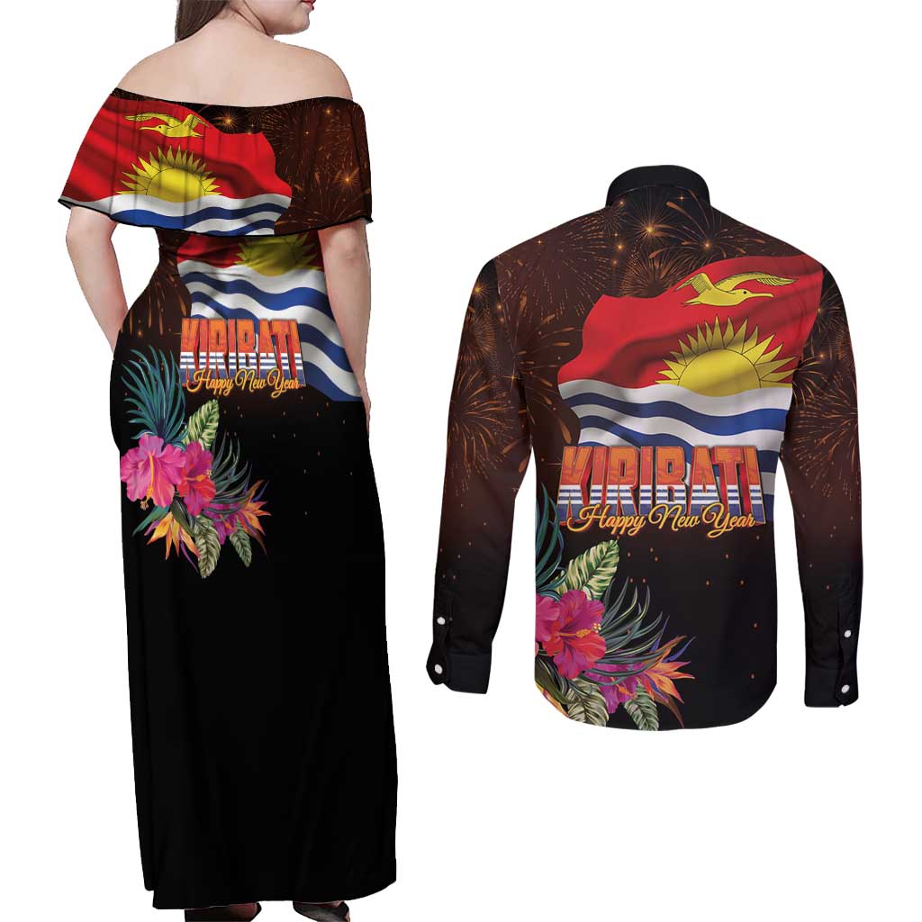Kiribati Flag and Fireworks Couples Matching Off Shoulder Maxi Dress and Long Sleeve Button Shirt First Place Welcome the New Year - Polynesian Pride