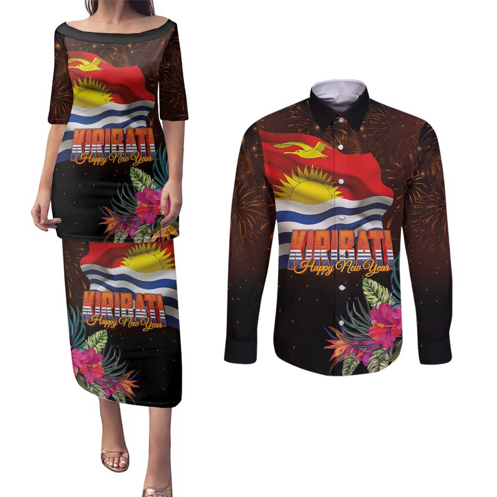 Kiribati Flag and Fireworks Couples Matching Puletasi and Long Sleeve Button Shirt First Place Welcome the New Year - Polynesian Pride