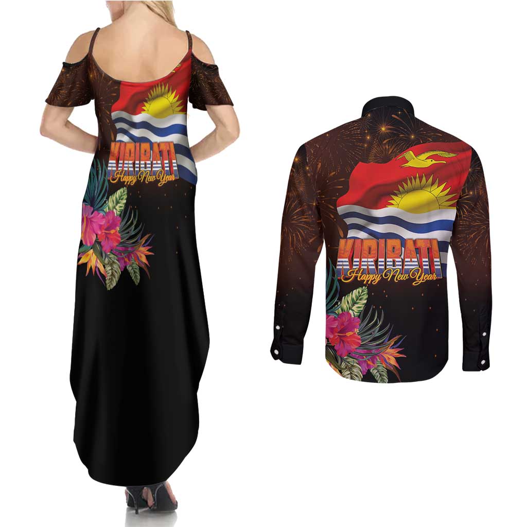 Kiribati Flag and Fireworks Couples Matching Summer Maxi Dress and Long Sleeve Button Shirt First Place Welcome the New Year - Polynesian Pride