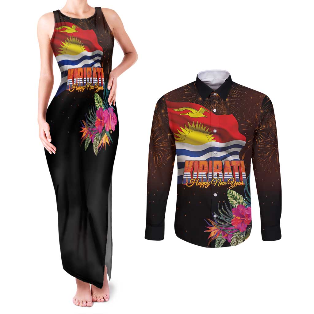 Kiribati Flag and Fireworks Couples Matching Tank Maxi Dress and Long Sleeve Button Shirt First Place Welcome the New Year - Polynesian Pride