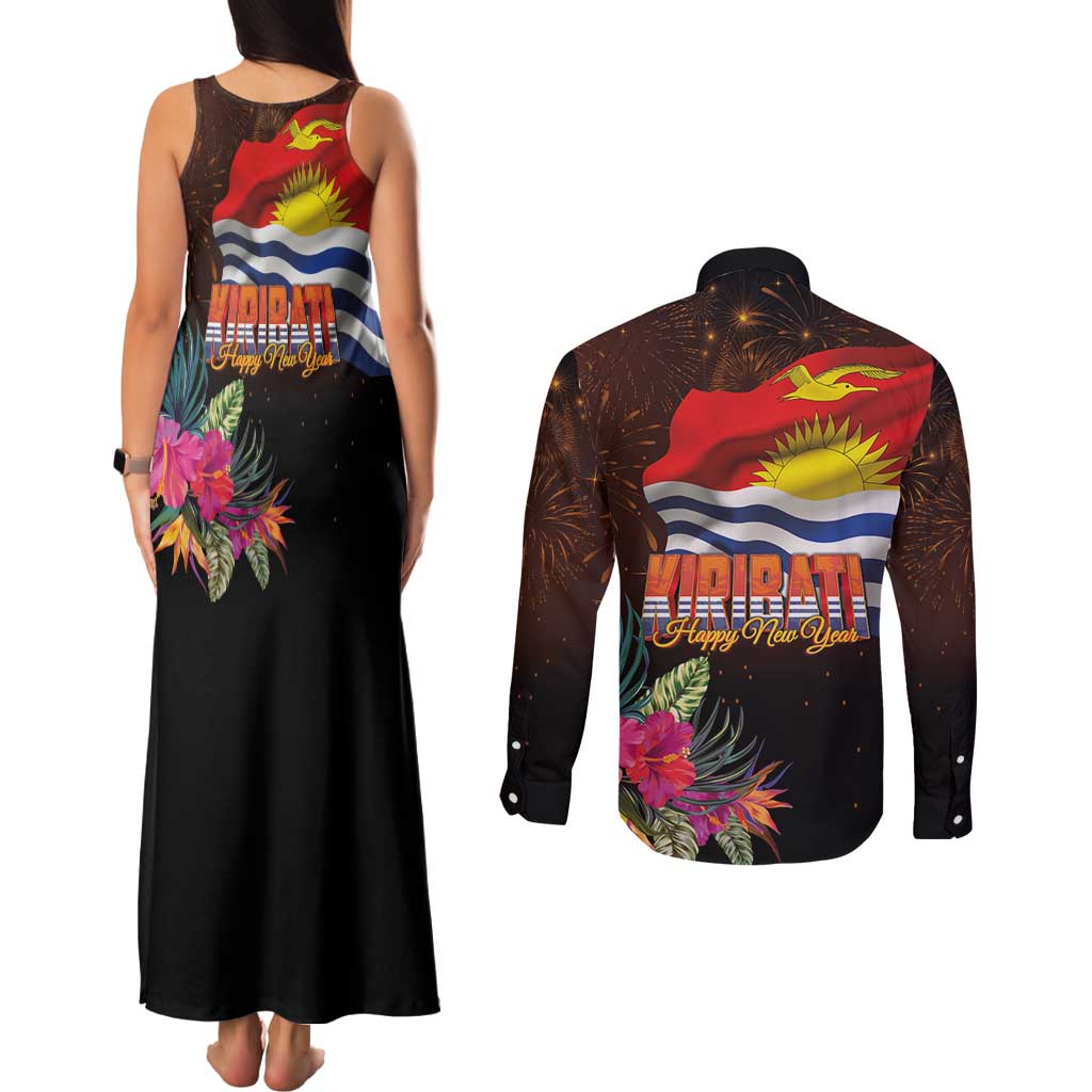 Kiribati Flag and Fireworks Couples Matching Tank Maxi Dress and Long Sleeve Button Shirt First Place Welcome the New Year - Polynesian Pride