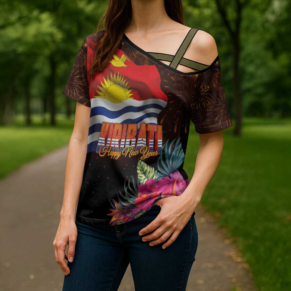 Kiribati Flag and Fireworks Cross Shoulder Shirt First Place Welcome the New Year - Polynesian Pride