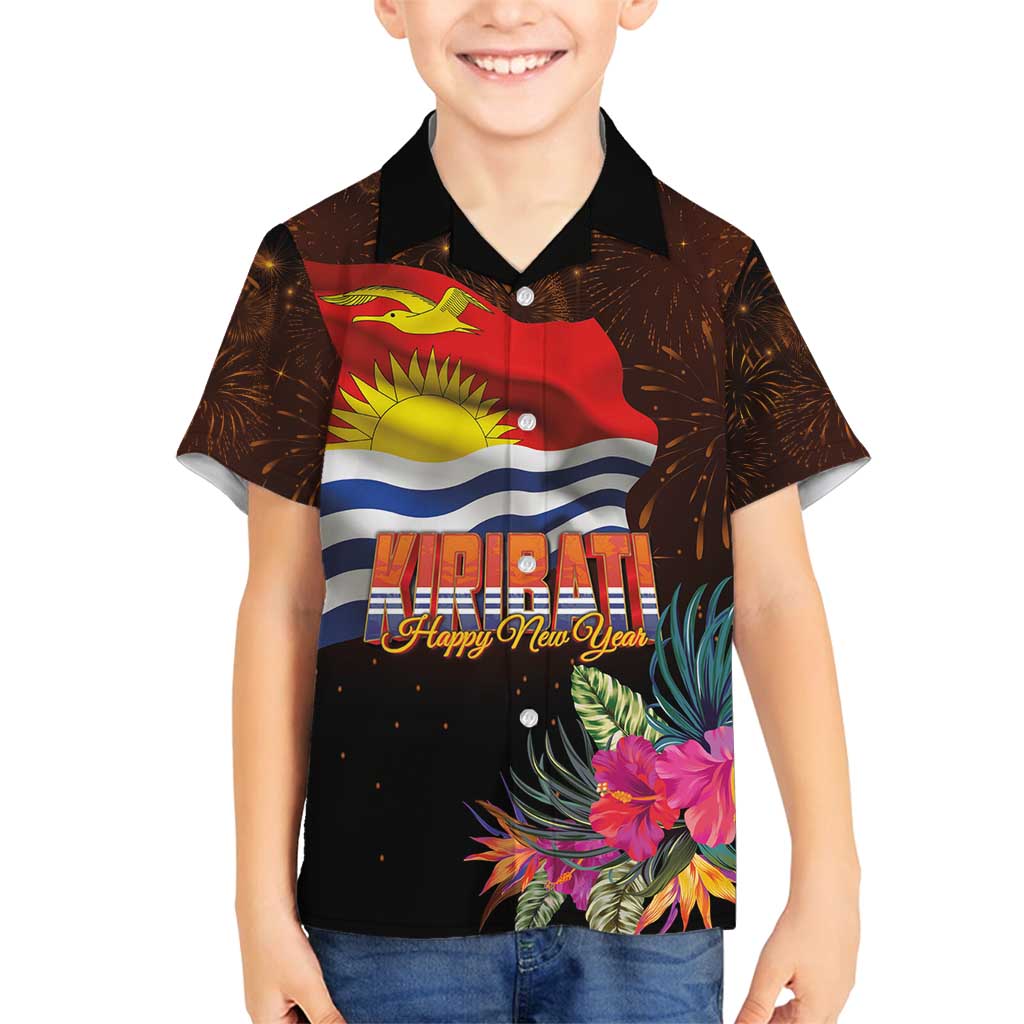 Kiribati Flag and Fireworks Family Matching Long Sleeve Bodycon Dress and Hawaiian Shirt First Place Welcome the New Year - Polynesian Pride
