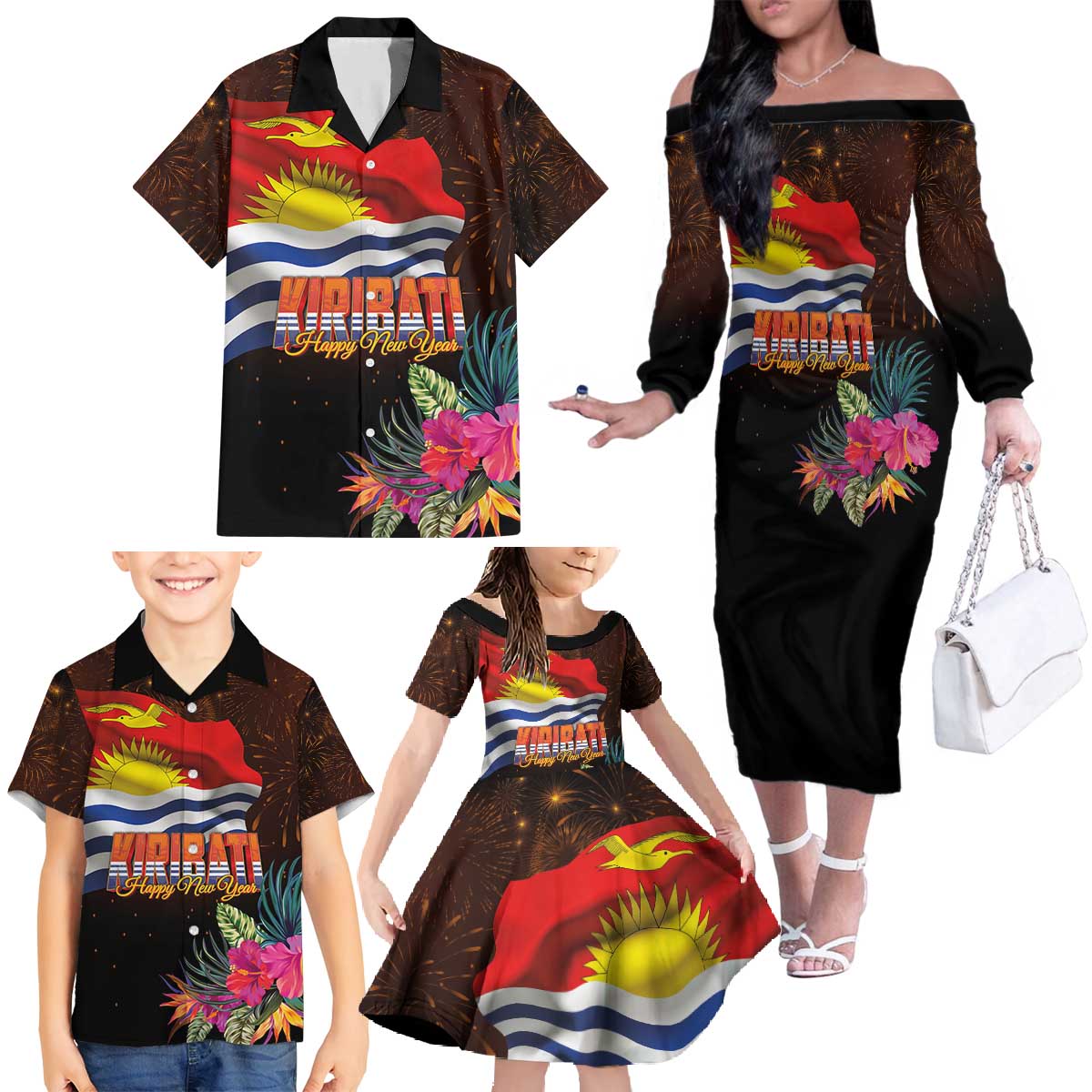 Kiribati Flag and Fireworks Family Matching Off The Shoulder Long Sleeve Dress and Hawaiian Shirt First Place Welcome the New Year - Polynesian Pride