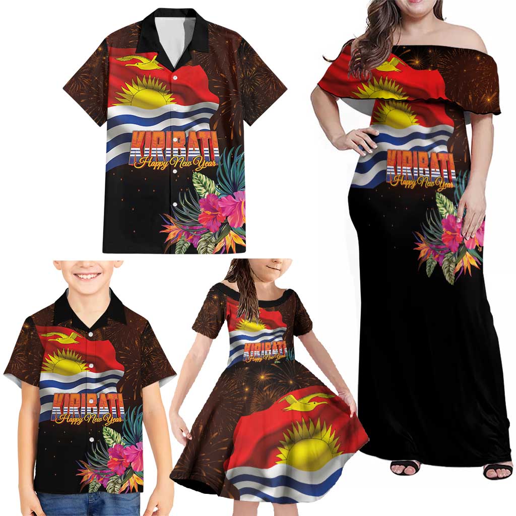 Kiribati Flag and Fireworks Family Matching Off Shoulder Maxi Dress and Hawaiian Shirt First Place Welcome the New Year - Polynesian Pride