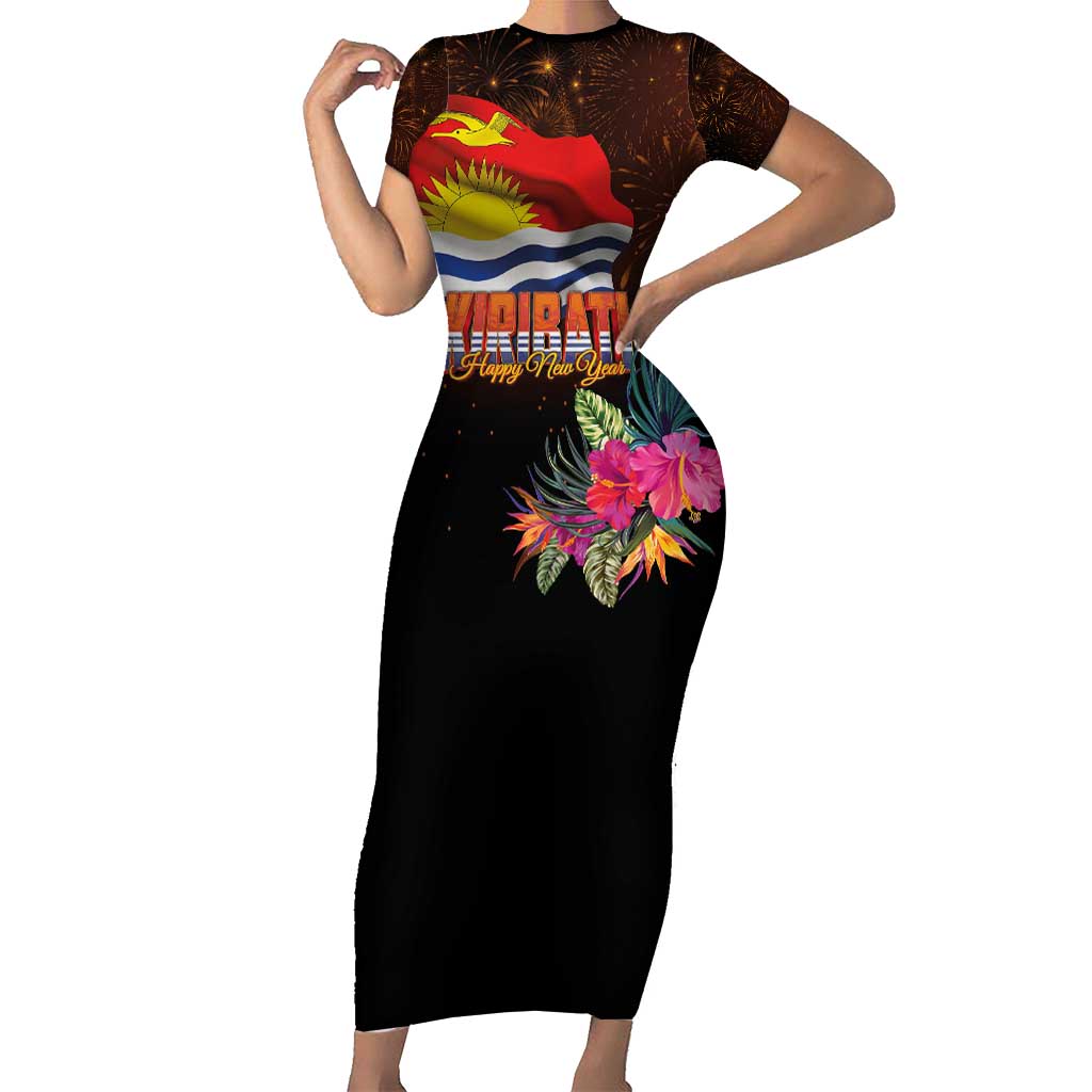 Kiribati Flag and Fireworks Family Matching Short Sleeve Bodycon Dress and Hawaiian Shirt First Place Welcome the New Year - Polynesian Pride