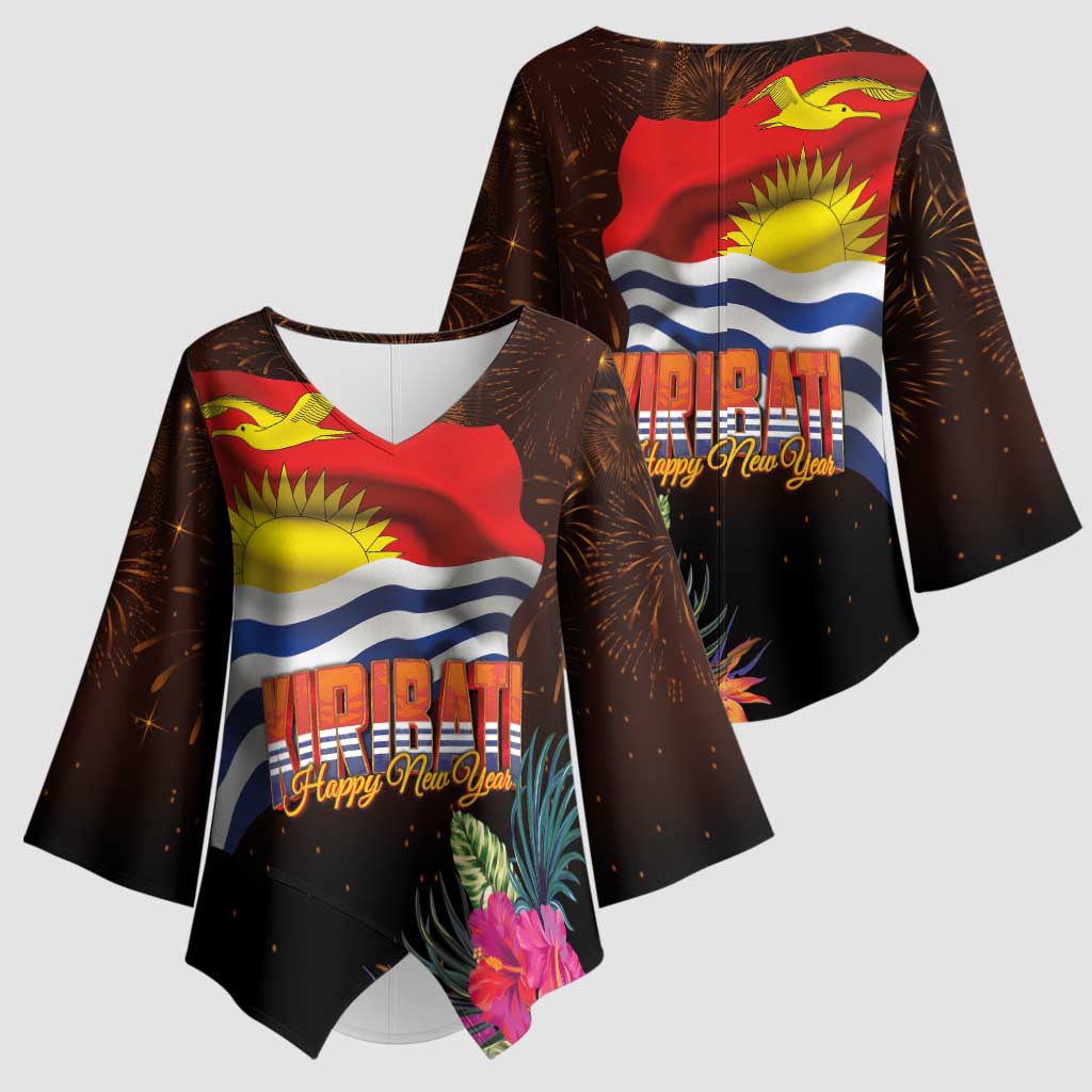 Kiribati Flag and Fireworks Kimono Sleeve Blouse First Place Welcome the New Year - Polynesian Pride