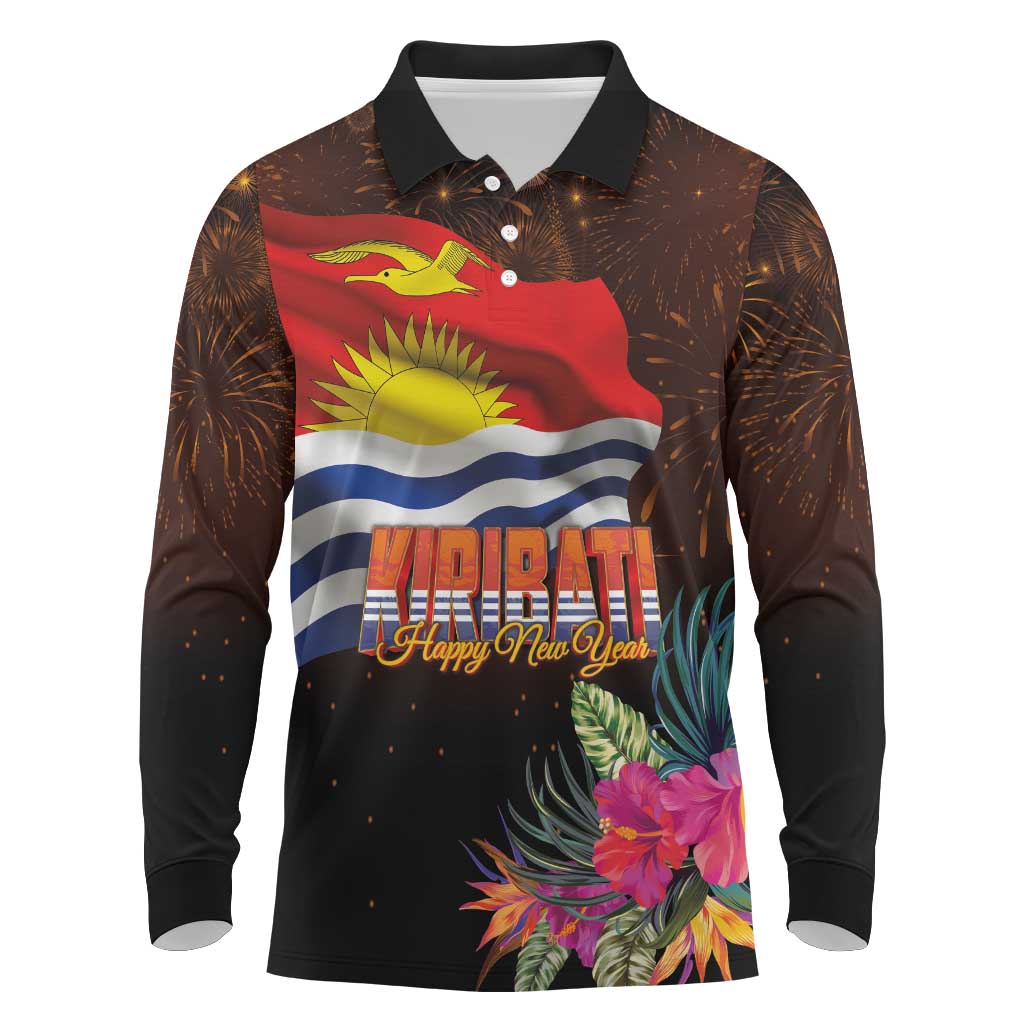 Kiribati Flag and Fireworks Long Sleeve Polo Shirt First Place Welcome the New Year - Polynesian Pride