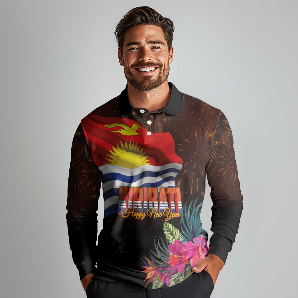 Kiribati Flag and Fireworks Long Sleeve Polo Shirt First Place Welcome the New Year - Polynesian Pride