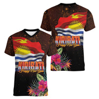 Kiribati Flag and Fireworks Women V-Neck T-Shirt First Place Welcome the New Year - Polynesian Pride