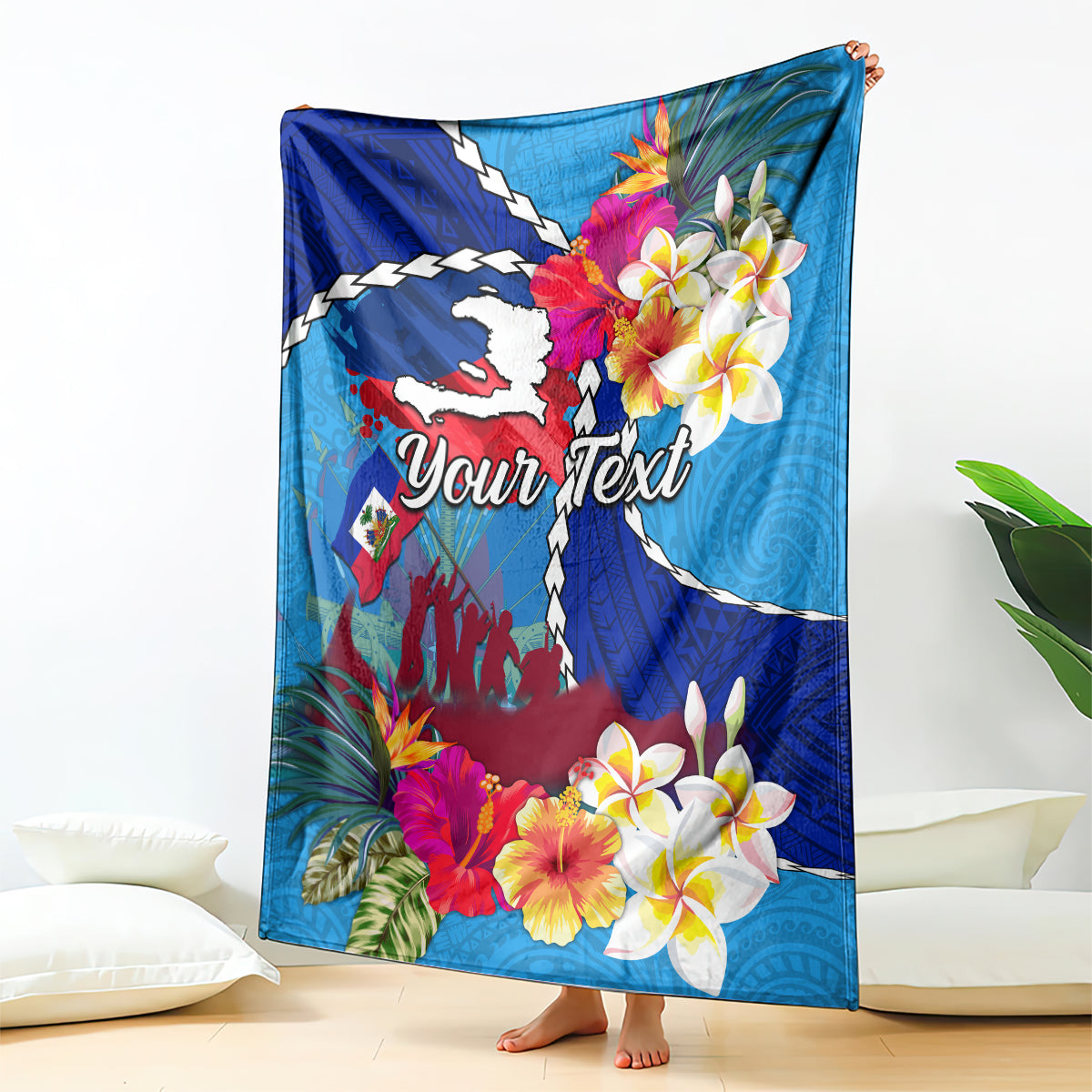 Personalised Haiti 220th Anniversary Independence Day Blanket Ayiti Flower with Polynesian Pattern LT03 Blue - Polynesian Pride