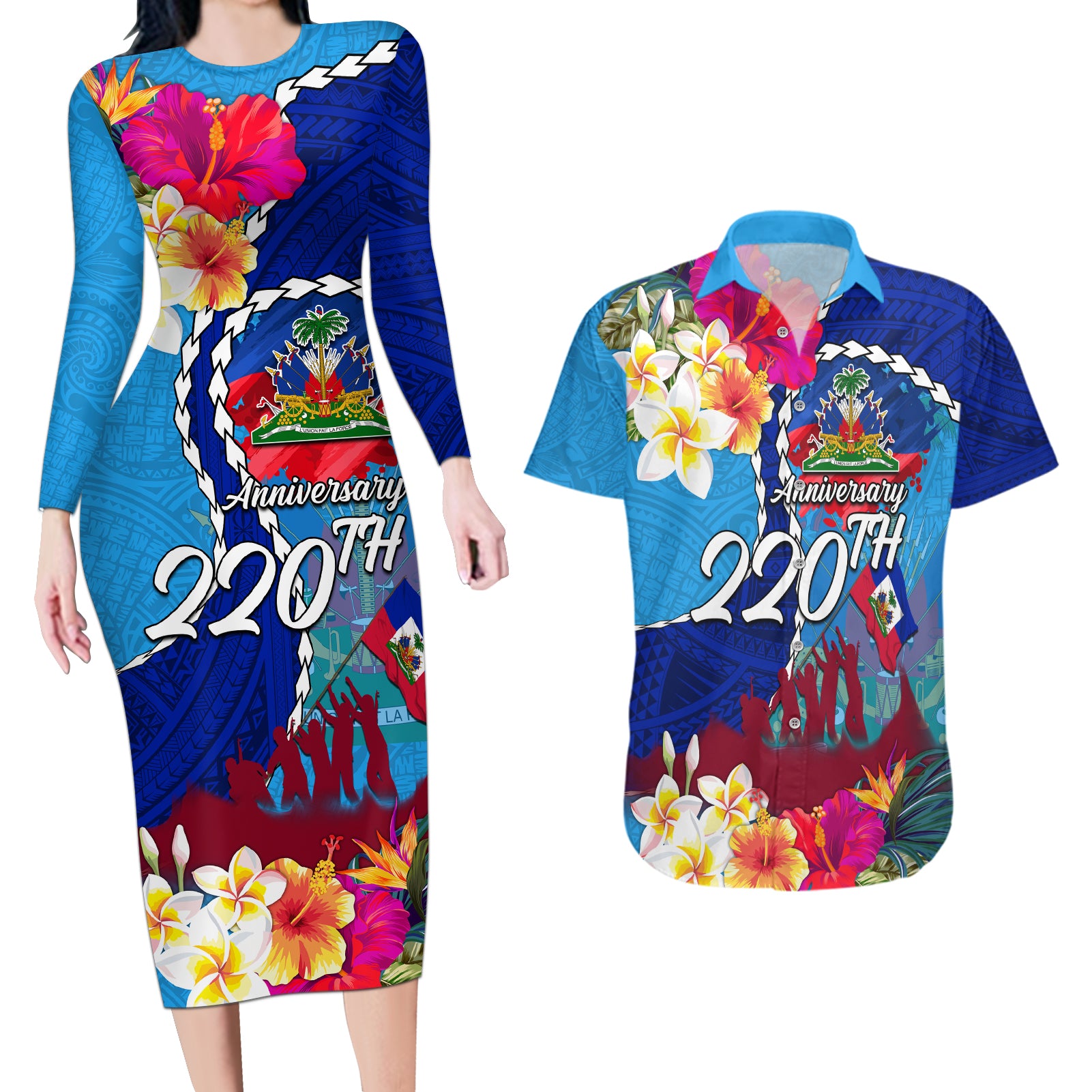 Personalised Haiti 220th Anniversary Independence Day Couples Matching Long Sleeve Bodycon Dress and Hawaiian Shirt Ayiti Flower with Polynesian Pattern LT03 Blue - Polynesian Pride