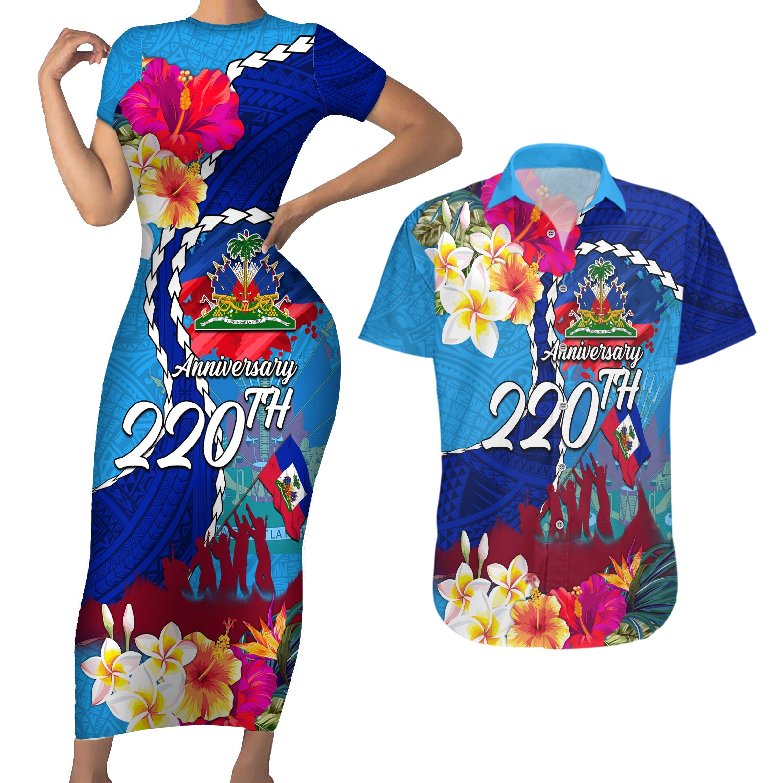 Personalised Haiti 220th Anniversary Independence Day Couples Matching Short Sleeve Bodycon Dress and Hawaiian Shirt Ayiti Flower with Polynesian Pattern LT03 Blue - Polynesian Pride