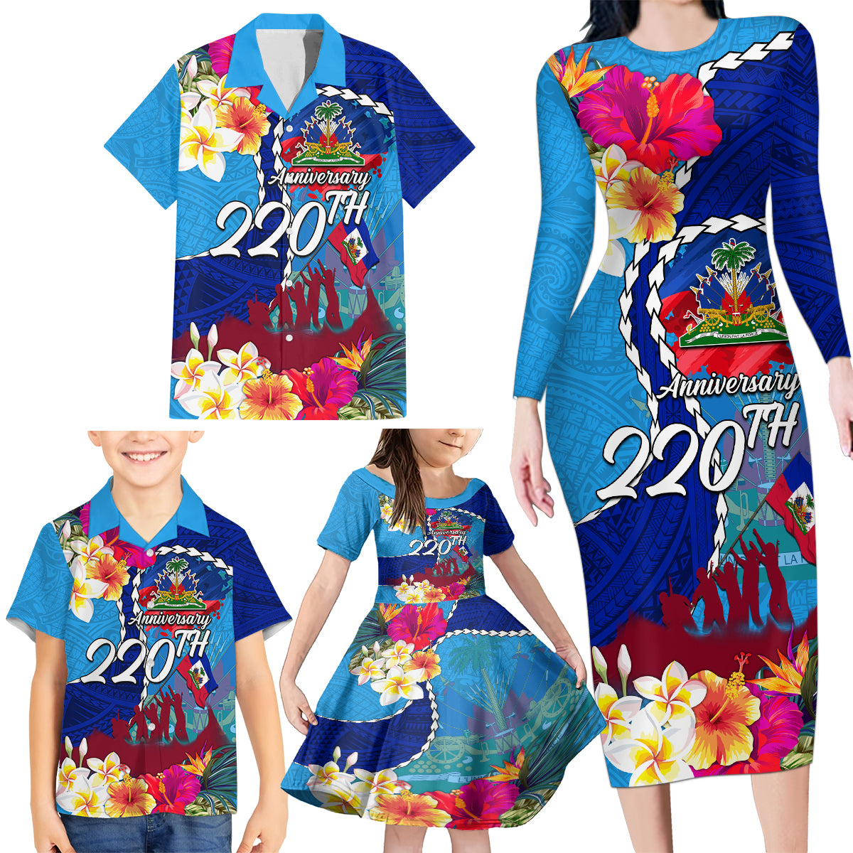 Personalised Haiti 220th Anniversary Independence Day Family Matching Long Sleeve Bodycon Dress and Hawaiian Shirt Ayiti Flower with Polynesian Pattern LT03 - Polynesian Pride