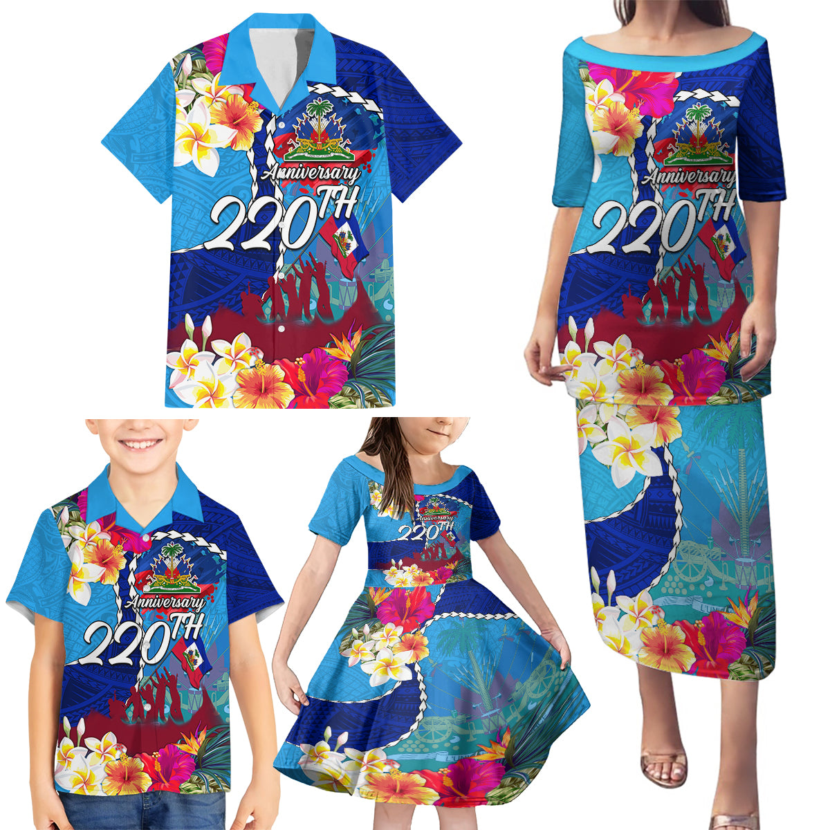 Personalised Haiti 220th Anniversary Independence Day Family Matching Puletasi Dress and Hawaiian Shirt Ayiti Flower with Polynesian Pattern LT03 - Polynesian Pride