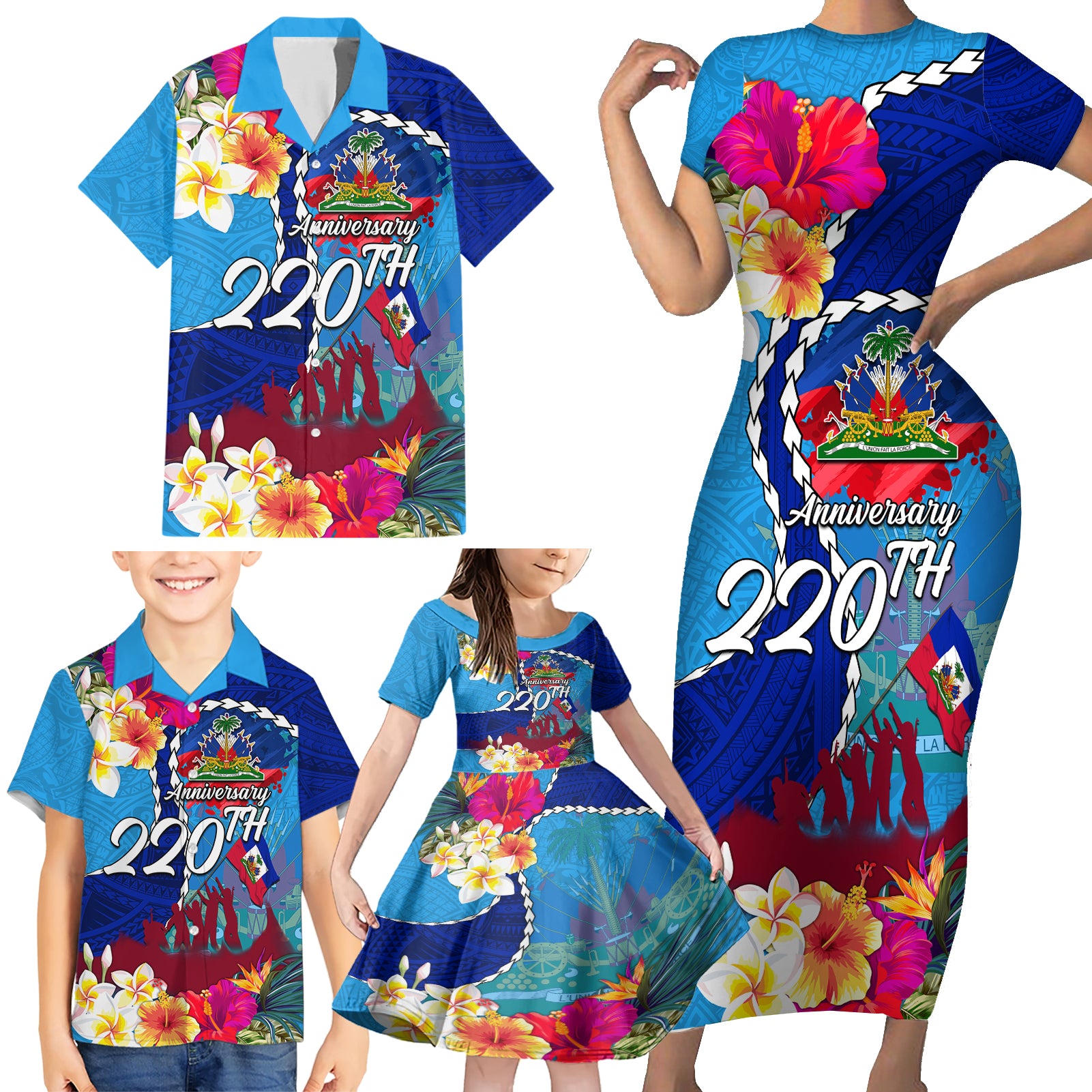 Personalised Haiti 220th Anniversary Independence Day Family Matching Short Sleeve Bodycon Dress and Hawaiian Shirt Ayiti Flower with Polynesian Pattern LT03 - Polynesian Pride