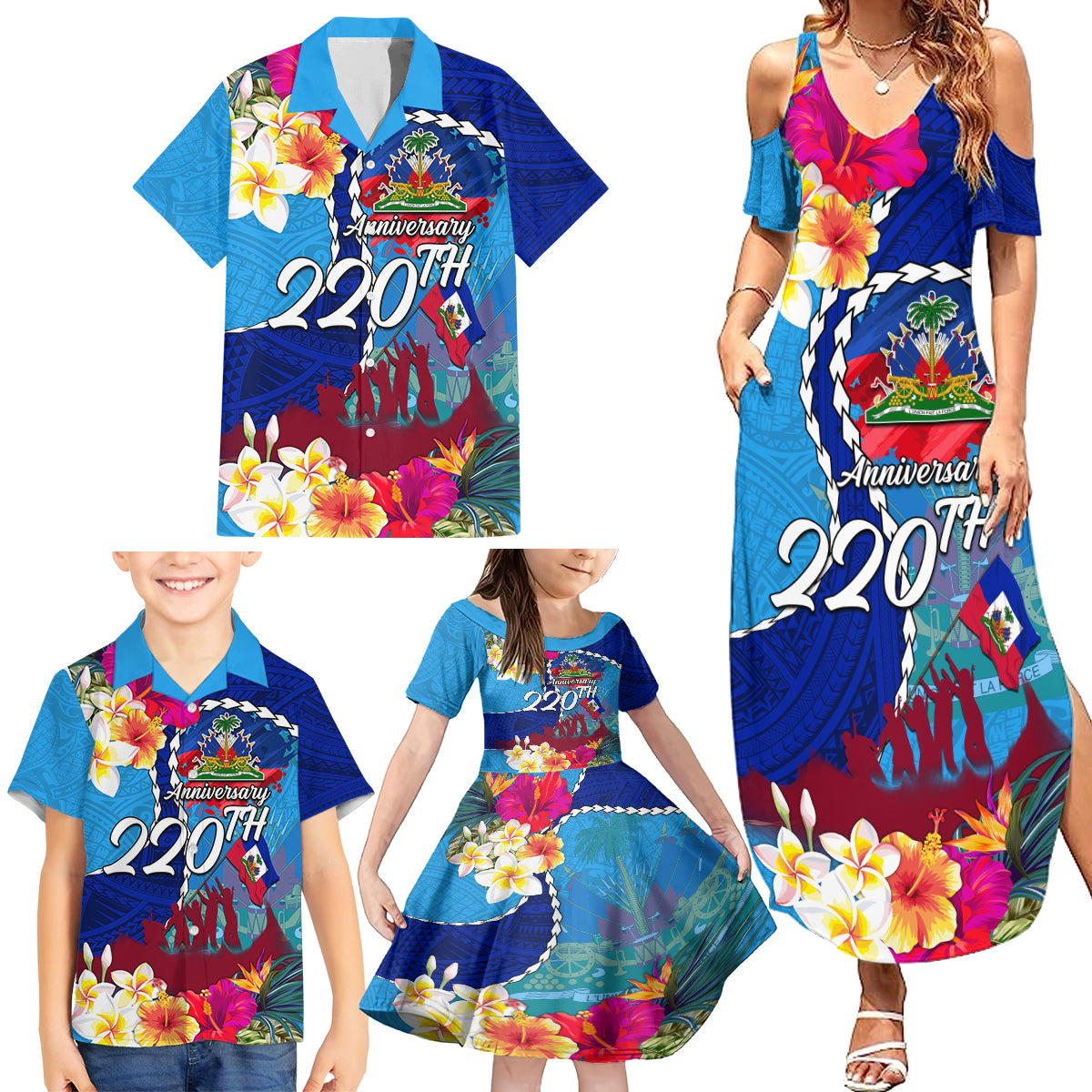 Personalised Haiti 220th Anniversary Independence Day Family Matching Summer Maxi Dress and Hawaiian Shirt Ayiti Flower with Polynesian Pattern LT03 - Polynesian Pride