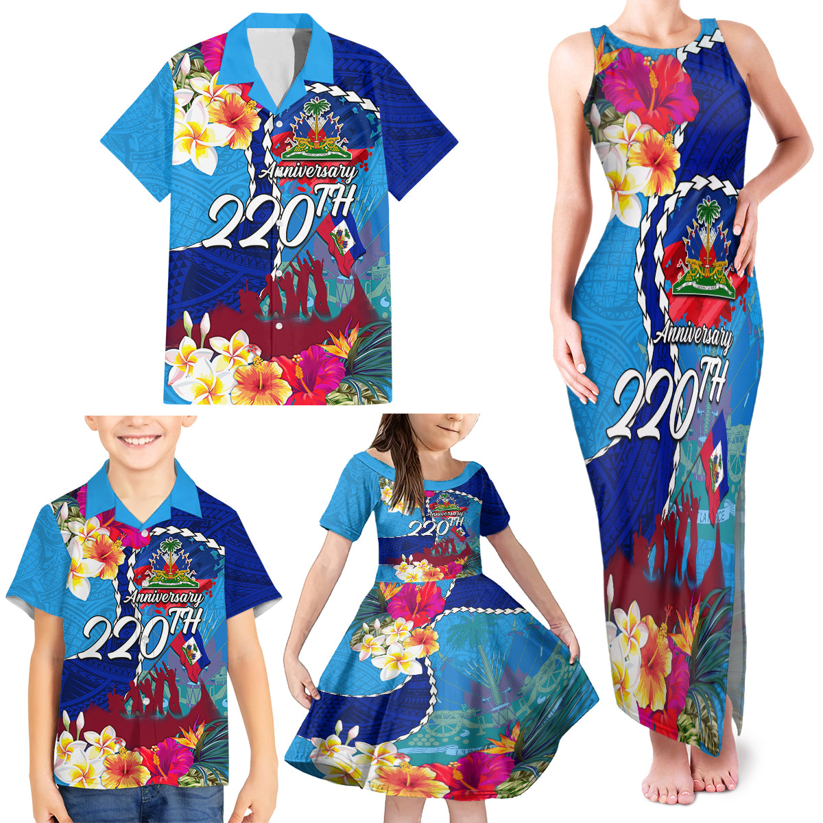 Personalised Haiti 220th Anniversary Independence Day Family Matching Tank Maxi Dress and Hawaiian Shirt Ayiti Flower with Polynesian Pattern LT03 - Polynesian Pride