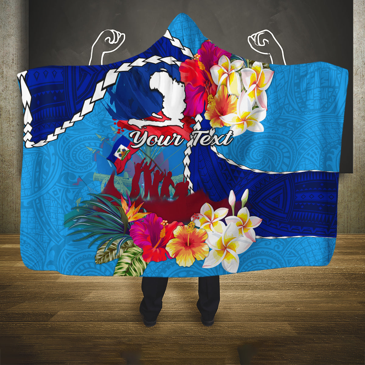 Personalised Haiti 220th Anniversary Independence Day Hooded Blanket Ayiti Flower with Polynesian Pattern LT03 One Size Blue - Polynesian Pride