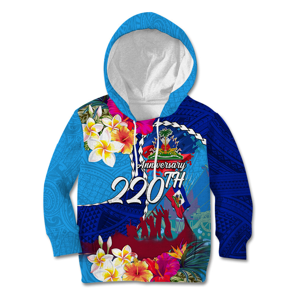 Personalised Haiti 220th Anniversary Independence Day Kid Hoodie Ayiti Flower with Polynesian Pattern LT03 Hoodie Blue - Polynesian Pride
