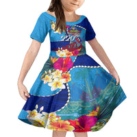 Personalised Haiti 220th Anniversary Independence Day Kid Short Sleeve Dress Ayiti Flower with Polynesian Pattern LT03 KID Blue - Polynesian Pride