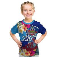 Personalised Haiti 220th Anniversary Independence Day Kid T Shirt Ayiti Flower with Polynesian Pattern LT03 Blue - Polynesian Pride