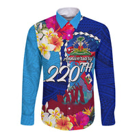 Personalised Haiti 220th Anniversary Independence Day Long Sleeve Button Shirt Ayiti Flower with Polynesian Pattern LT03 Unisex Blue - Polynesian Pride