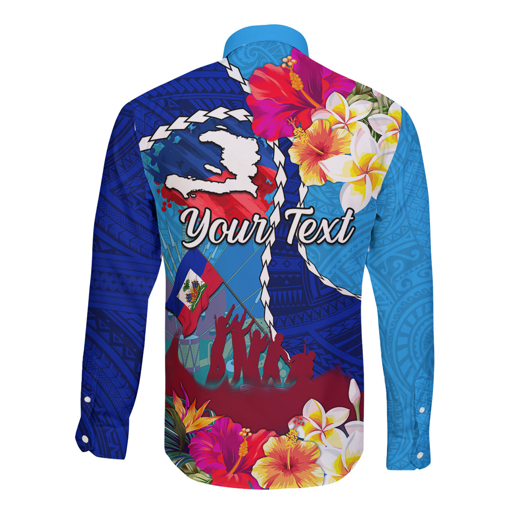 Personalised Haiti 220th Anniversary Independence Day Long Sleeve Button Shirt Ayiti Flower with Polynesian Pattern LT03 - Polynesian Pride