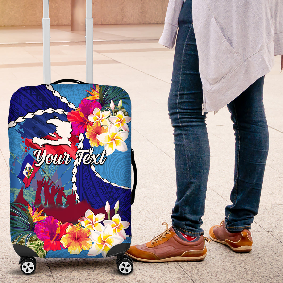 Personalised Haiti 220th Anniversary Independence Day Luggage Cover Ayiti Flower with Polynesian Pattern LT03 Blue - Polynesian Pride