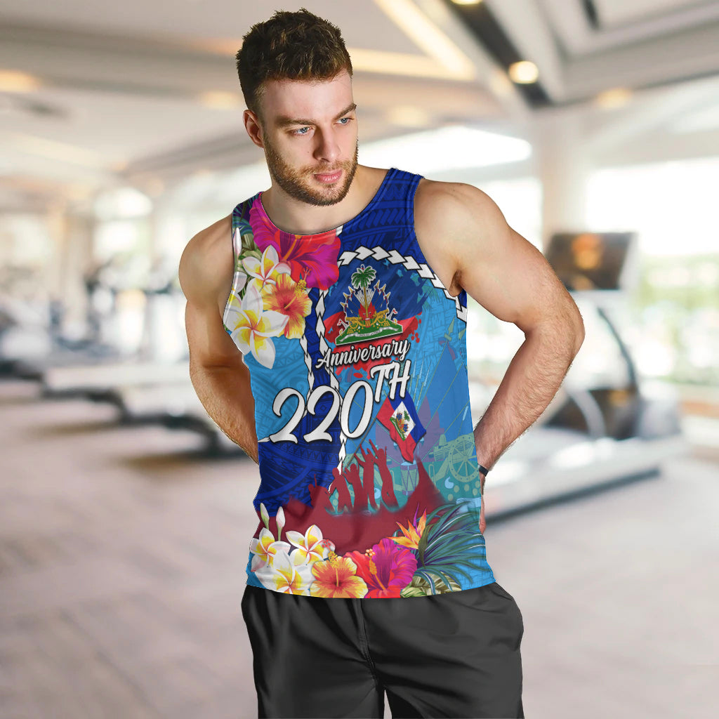 Personalised Haiti 220th Anniversary Independence Day Men Tank Top Ayiti Flower with Polynesian Pattern LT03 Blue - Polynesian Pride