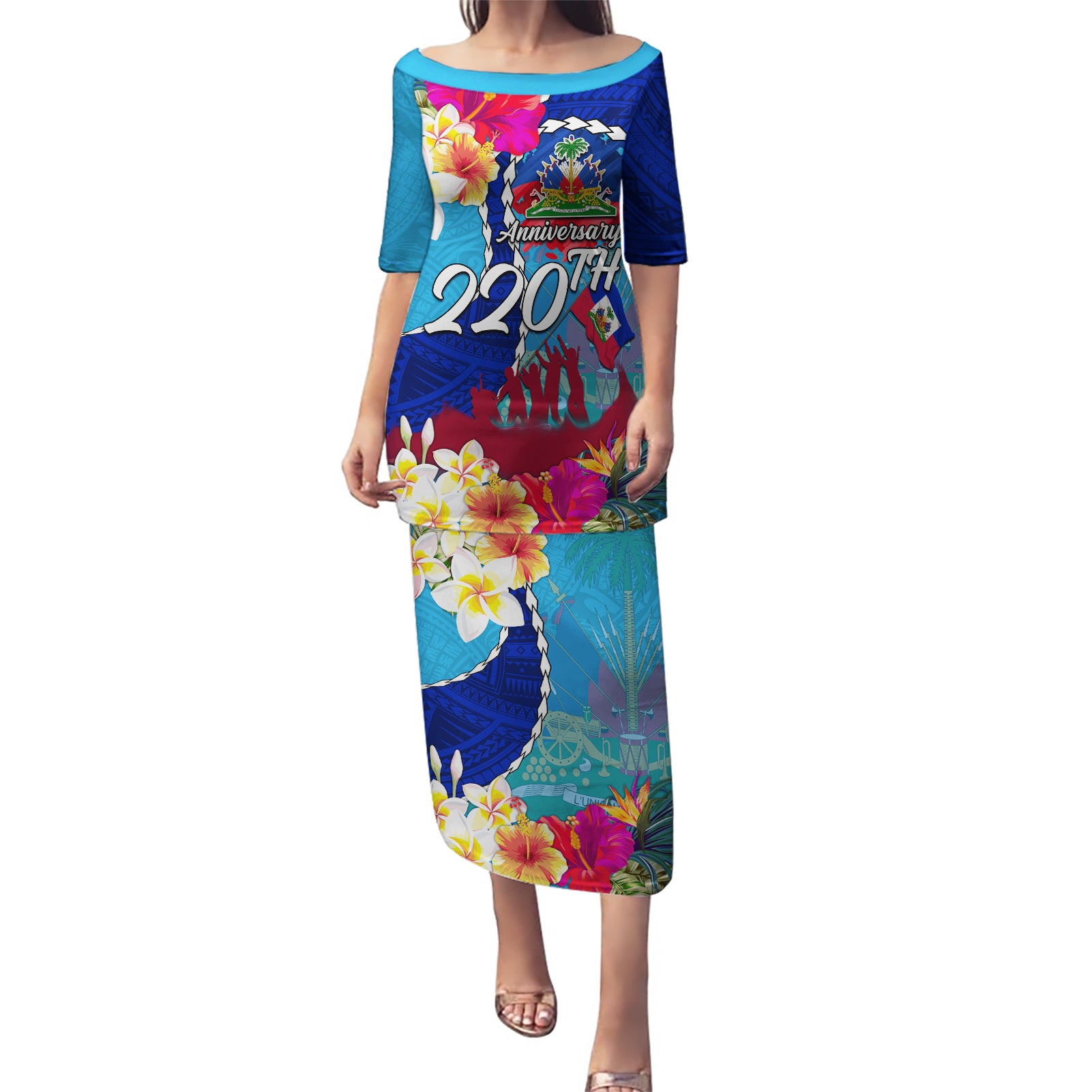 Personalised Haiti 220th Anniversary Independence Day Puletasi Ayiti Flower with Polynesian Pattern LT03 Long Dress Blue - Polynesian Pride