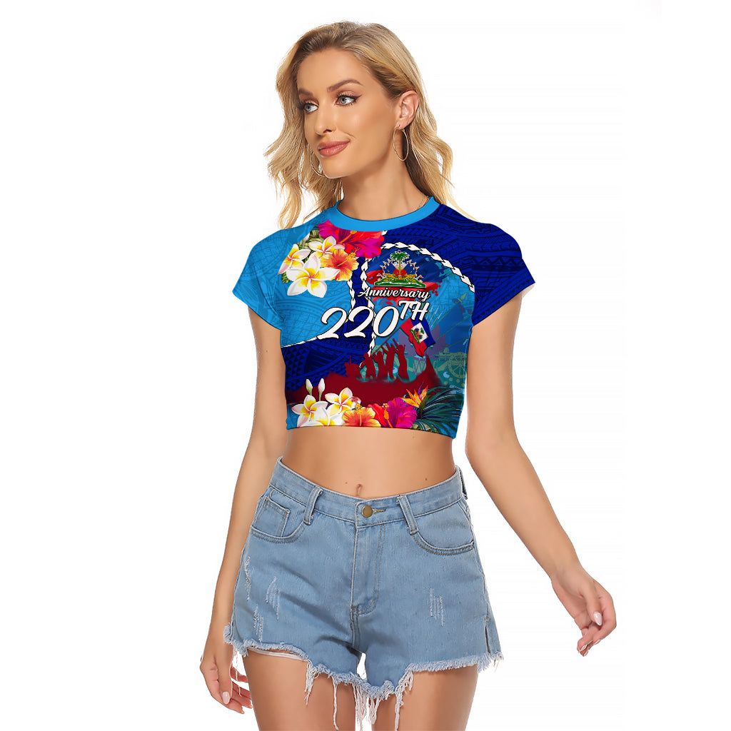 Personalised Haiti 220th Anniversary Independence Day Raglan Cropped T Shirt Ayiti Flower with Polynesian Pattern LT03 Female Blue - Polynesian Pride